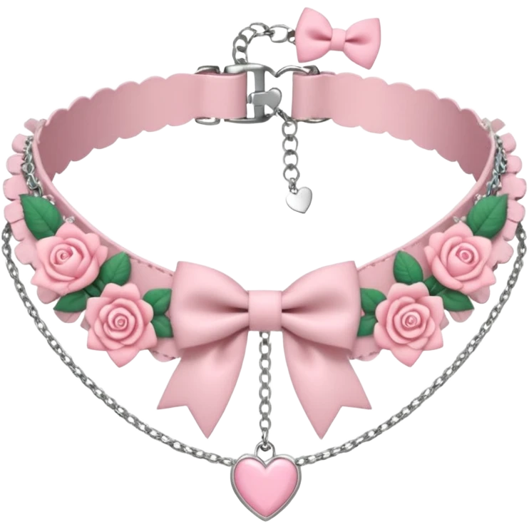 Pastel-baby-rose-pink Lolita-styled aesthetic cute kawaii choker-collar-necklace adorned with with white frills, roses, hearts, bow tie, silver chains,  emoji