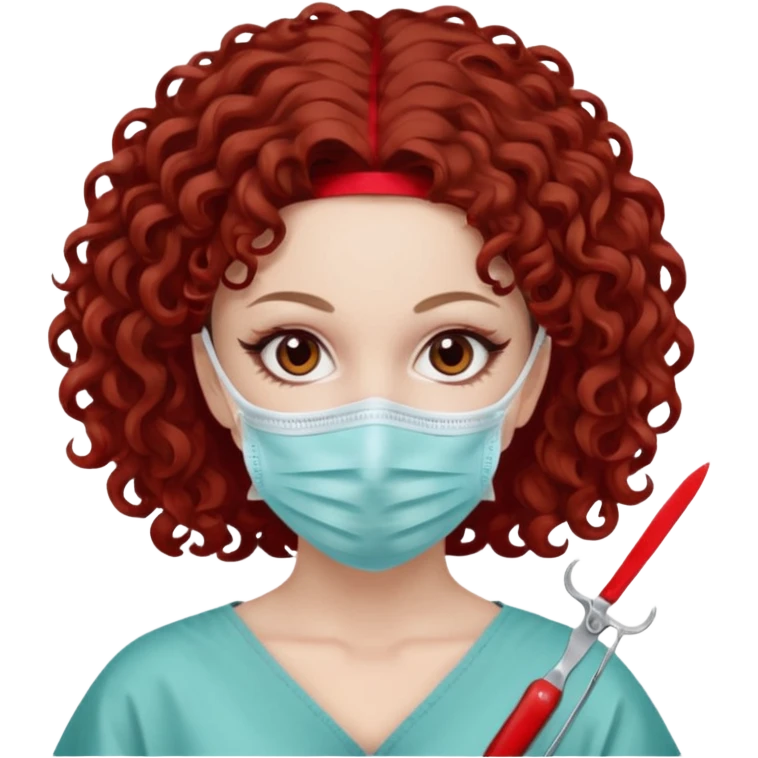 Lilith symbol seductress evil surgeon. Hair curly, and brown. Long curly brown hair. Red surgical mask and hair covering. She works for cartel and kills  with a scalpel. emoji