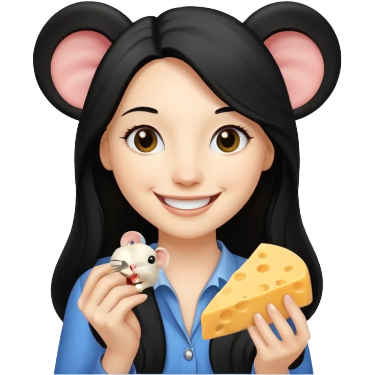 white woman with long black hair, smiling with mouse cheese emoji