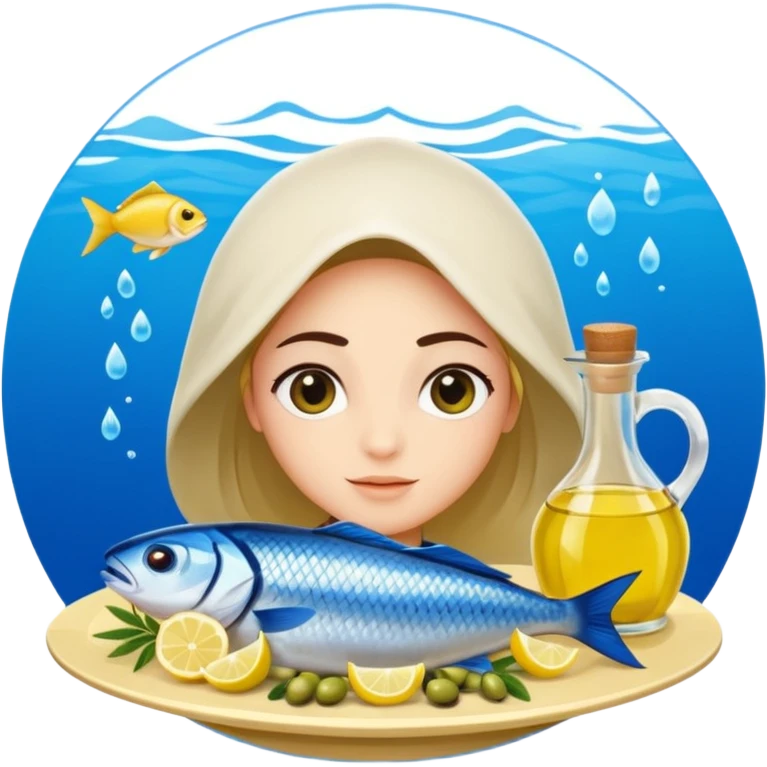 Mediterranean cuisine avatar in clean emoji-style illustration. Olive oil, fish, lemon, blue and sunny colors, light and fresh mood, flat design, high contrast. emoji