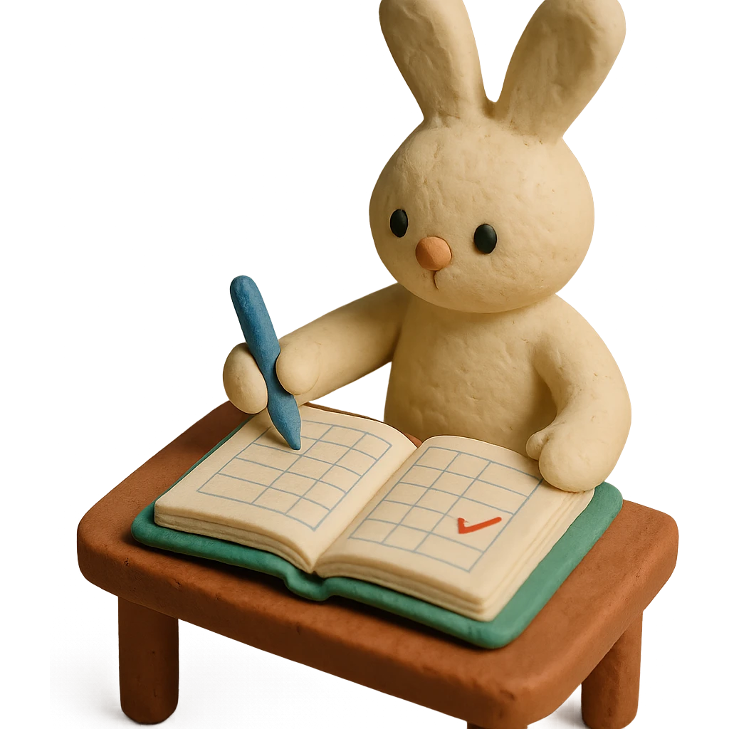 cream bunny writing in planner, standing, claymation style with matte plasticine and pastel colors emoji