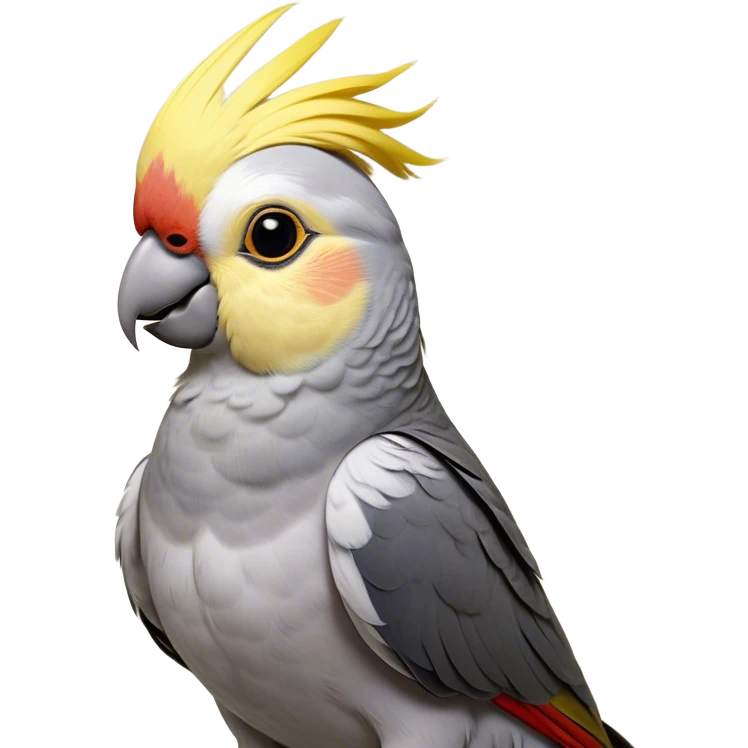 Cinematic Noble Cockatiel Portrait Emoji, Poised and regal, with a slender, delicate build and a beautifully groomed grey fur accented by vibrant yellow cheek patches and a graceful crest, deep-set soulful dark eyes, Simplified yet sharp and sophisticated features, highly detailed, glowing with a soft, dignified glow, high shine, intelligent and charming, stylized with an air of elegance, focused and attentive, soft glowing outline, capturing the essence of a watchful and confident avian companion, so majestic it feels as though it could flutter out of the screen with effortless authority! emoji