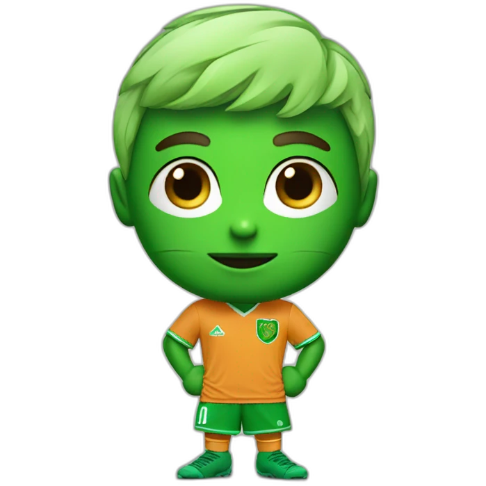 Little guy soccer mascot dressed in green with penacho and green lines under eyes emoji