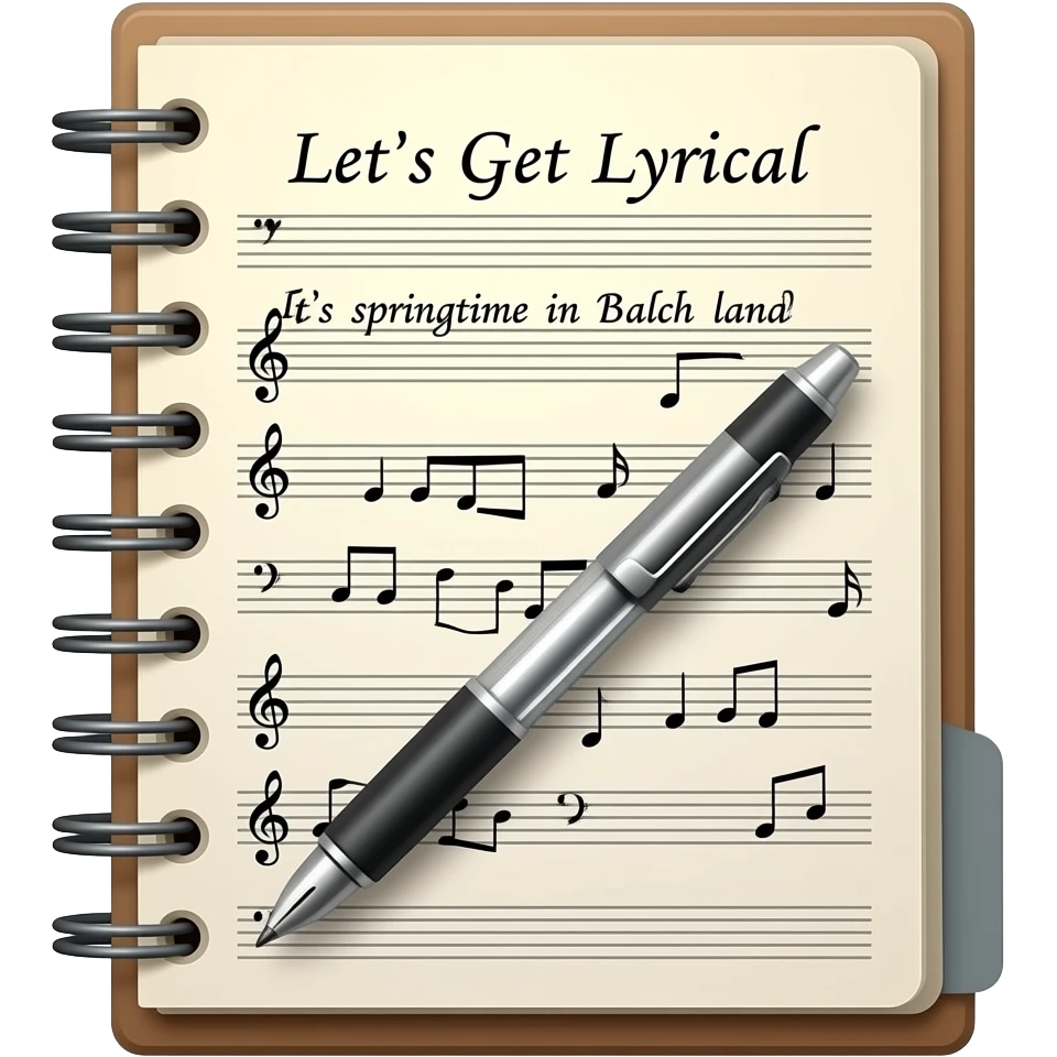 emojis.com anote-spiral-note-pad-with-staff-paper-and-notes-drawn-in-ink-with-tribal-cleft-and-bass-cleft. Heading "Lets Get Lyrical" -lyrics-written-below-staff-kyrics Read - "it's-springtime-in-balch-land."--pen-inside-spiral.png emoji