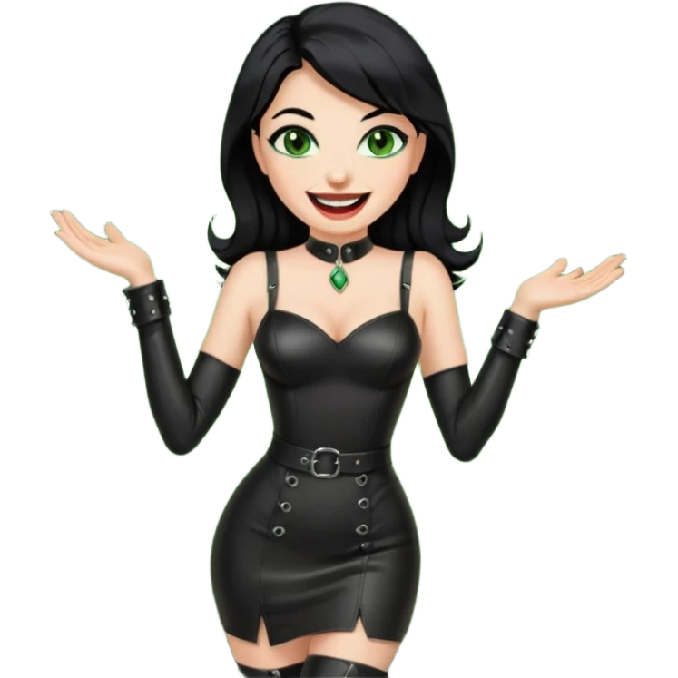 🕵🏻‍♀️💦🧥 black hair , green eyes ,dominatrix dress , laughing  emoji