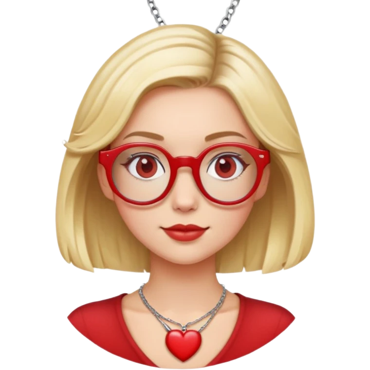 white girl head with short blonde bob hair slightly curled, red round glasses, heart necklace emoji