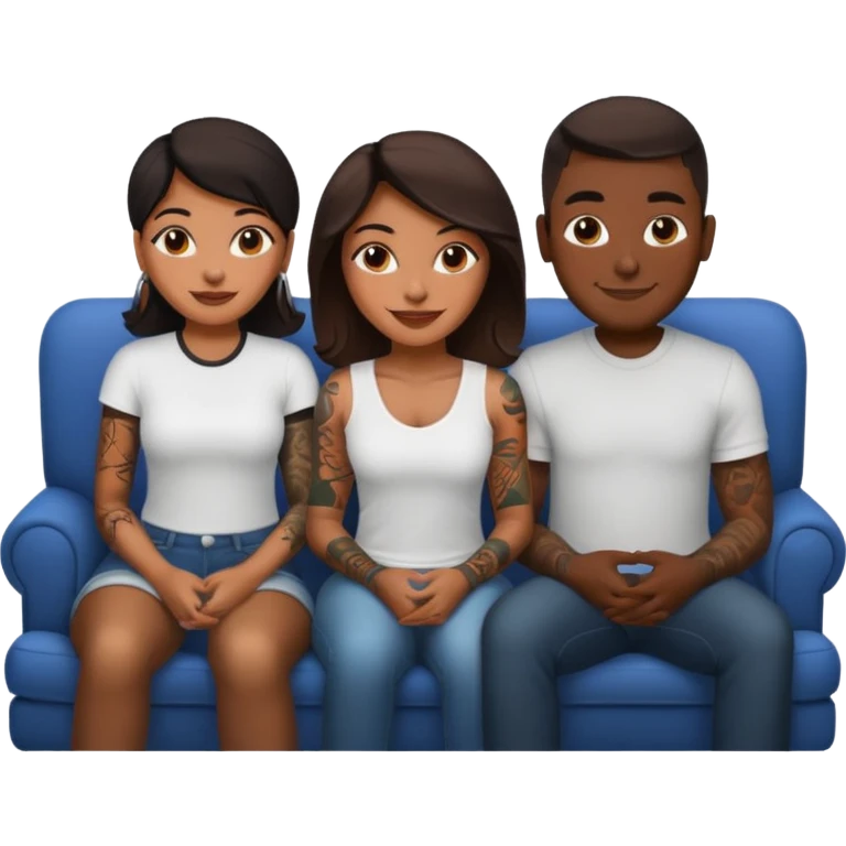 couch, naked people sitting: latina tattoed female, 2 black males emoji