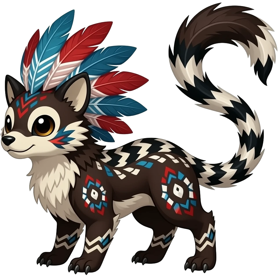Tribal-patterned aboriginal majestic feathery elegant realistic stylish Furry, fluffy feathery tropical painted scaly, dark-brown, sanguine-red, blue, white, black, Minccino-Bambino-Linoone-Zangoose-fusion-hybrid-animal-Fakémon-creature, full body, thin long sleek tufted tail, intricate markings emoji