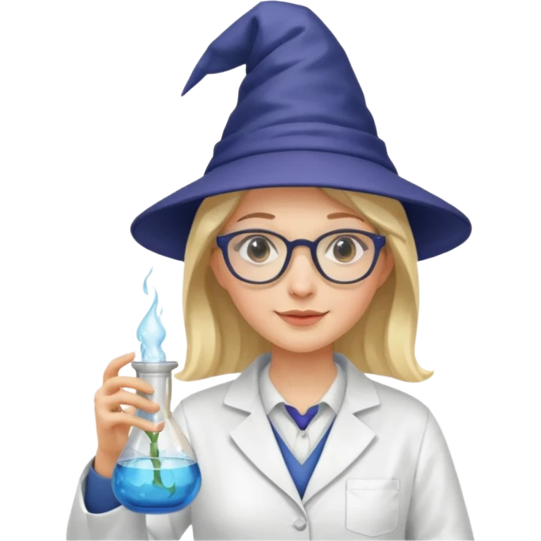 woman scientist with glasses, wearing wizard hat custome, with glass vase emoji