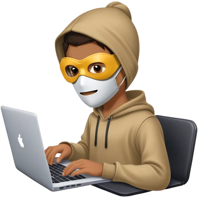 A boy wearing hacker mask and using laptop  emoji
