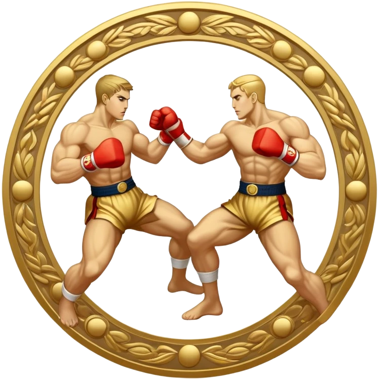 Round emblem symbolizing striking martial arts. The emblem features two fighters in dynamic stances, one delivering a powerful punch while the other defends with a block. In the center, a stylized fist and foot crossed to represent the essence of striking.  emoji