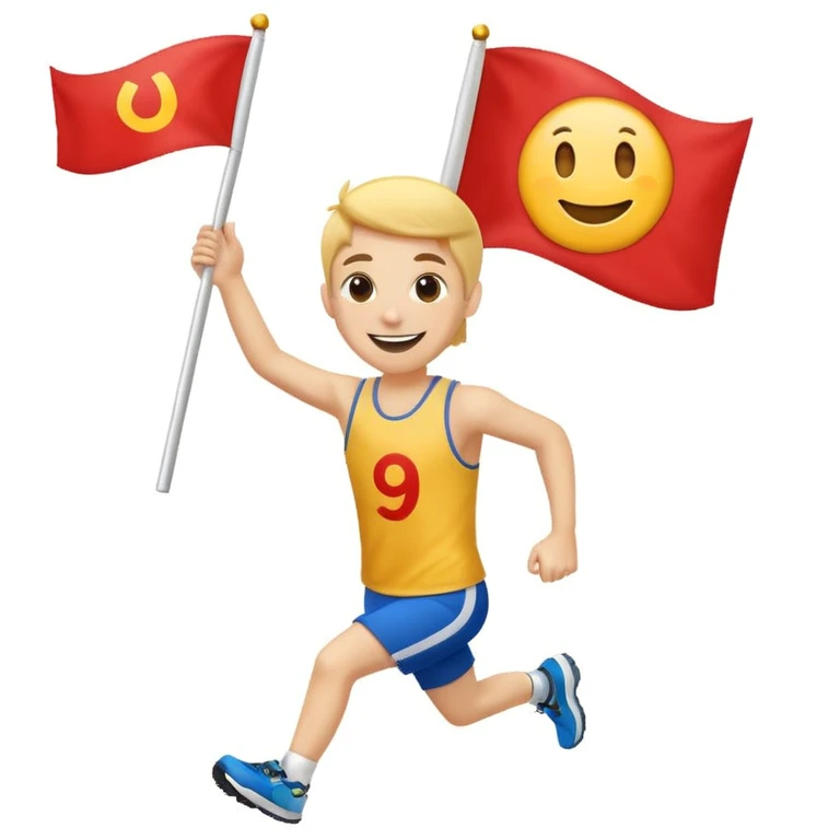 happy runner waving a flag that says 'emojiland' emoji