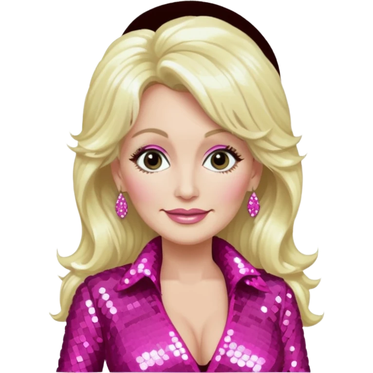 Dolly Parton with long platinum blonde hair, dark pink sequin outfit emoji