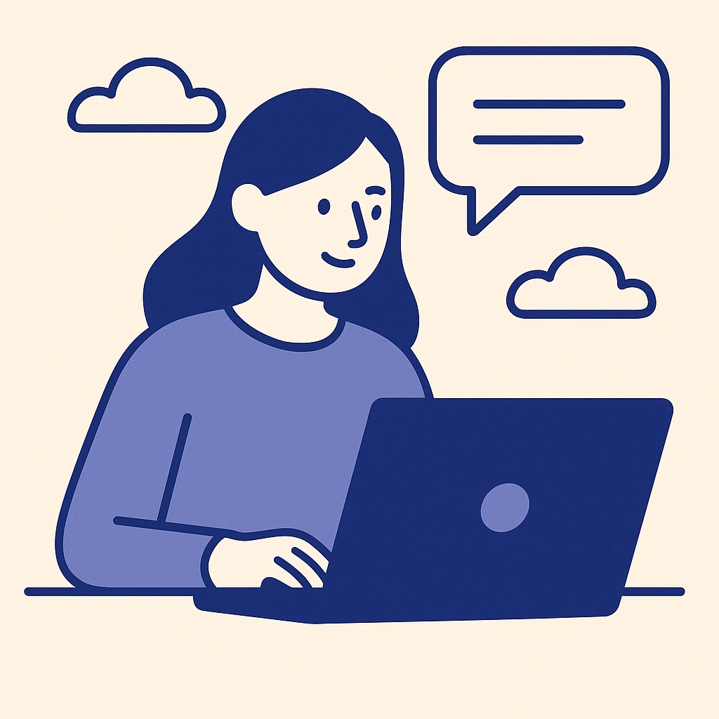ordinateur avec une bulle de conversation au dessus, style flat minimaliste emoji