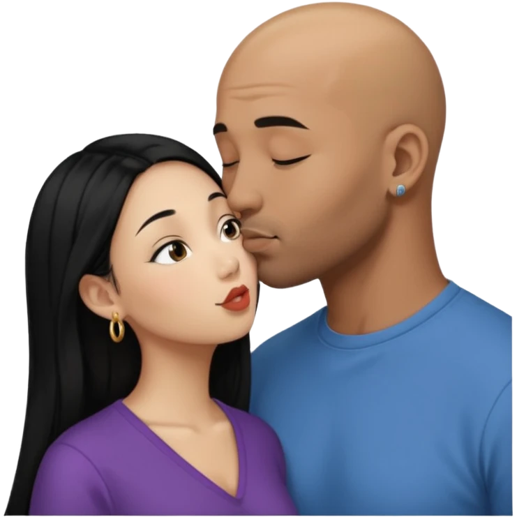 Bald black with small beard deeply kissing a short younger looking asain women with long black hair and nose ring emoji