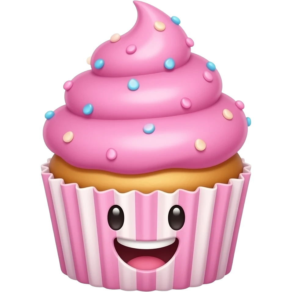 a pink cupcake with a lot of sparkle who is happy and smiling with a face emoji