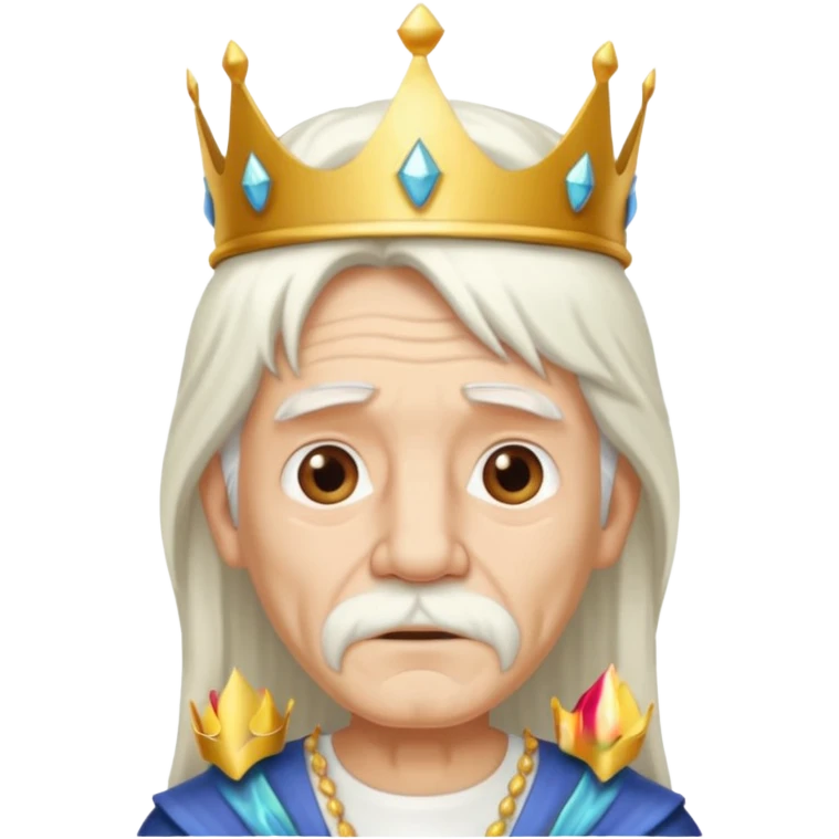 old man with long white hair and has no moustache wearing a white shirt and a crown emoji
