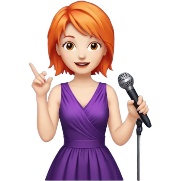 singer, Middle age, orange hair, happy, holding mic, wearing dress emoji