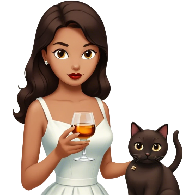 Beautiful woman in 1950’s woman fashion look, white dress, long dark brown hair, whisky with ice, black cat emoji