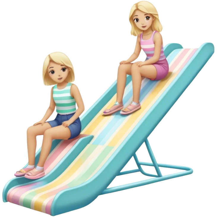 2 girls, blonde and brunette going down a pastel colorful striped slide  emoji