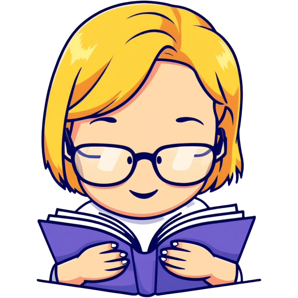 blonde girl with glasses looking down reading a book emoji