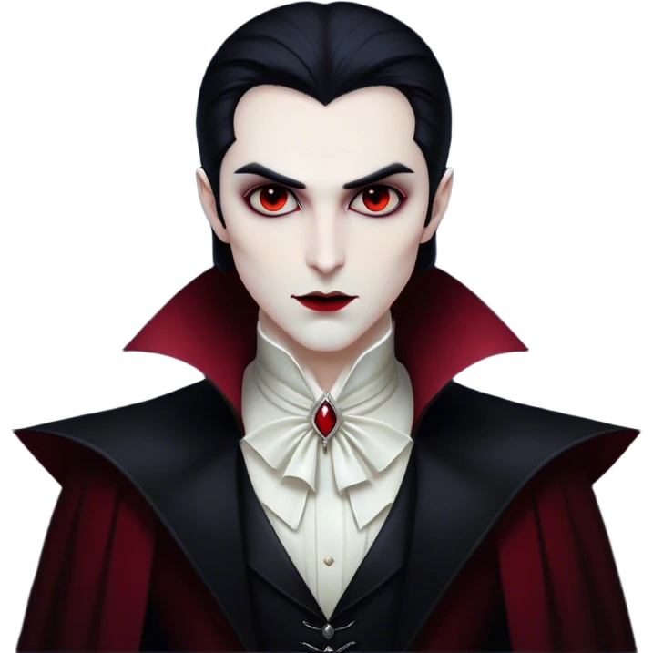Cinematic Noble Vampire Portrait Emoji, Elegant and commanding, with a refined, pale visage framed by dark, velvet accents and a hint of crimson, exuding timeless seduction and dangerous allure, simplified yet exquisitely detailed, glowing with a soft nocturnal radiance and a subtle, mysterious outline that captures the regal spirit of an immortal lord of the night! emoji