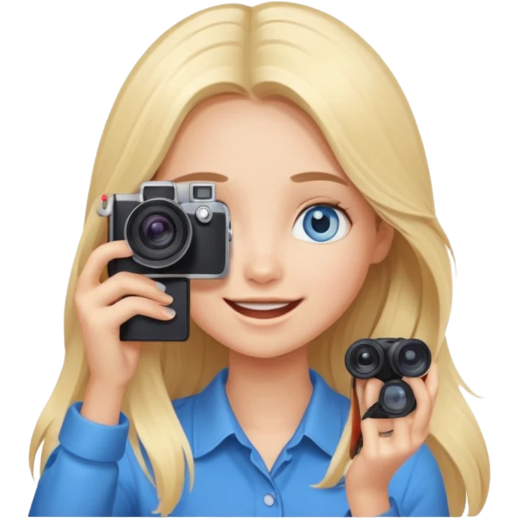  blue eyes blonde girl photographer cartoon taking picture in middle of taking picture camera in front of face long hair smiling funny flash professiona emoji