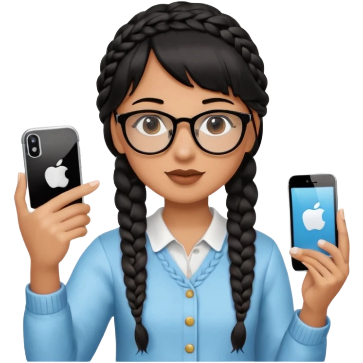 Black hair is braided to one side, braided to the left, and bangs, wearing horn-rimmed glasses, holding an iPhone white color and taking a mirror selfie so that Apple logo comes out emoji