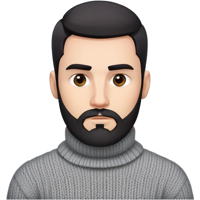 Man with angular square face, neatly trimmed full beard, thick dark eyebrows, short black hair styled back. Serious expression. Wearing a chunky knit light gray sweater with folded turtleneck collar. emoji