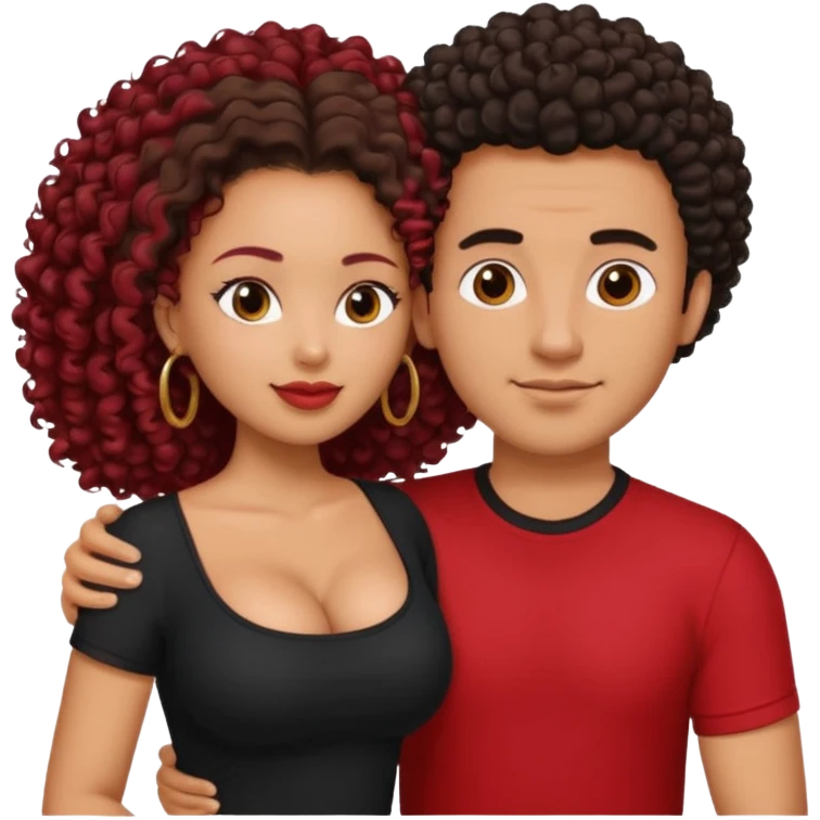 A picture of a tanned couple embracing. the guy is Mexican, with a bald hair cut and he is wearing a red shirt. the girl is mixed, the girl is wearing a black shirt, the girl has brown curly big hair and with big boobs  emoji