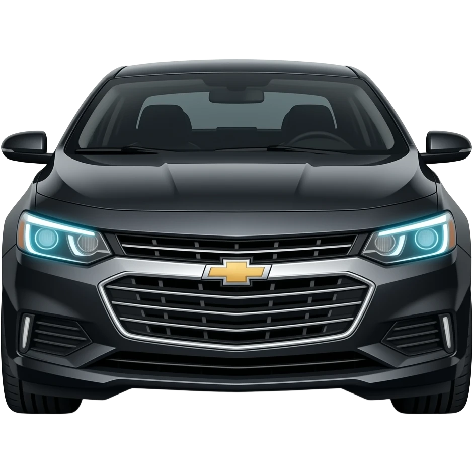 A realistic vector icon of a glossy black Chevrolet Malibu Premier, blackout limousine tint windows, gloss black alloy rims, ice blue LED headlights with a sharp glowing halo, high-detail, glossy finish, isolated on white background. emoji