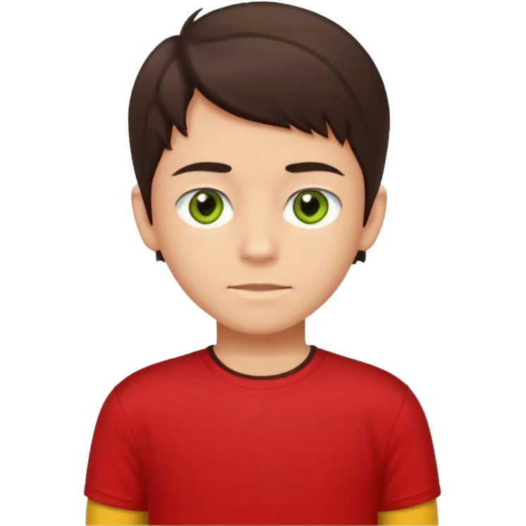 A portrait of a 14-year-old boy, he's got dark-brown hair, light brownish skin and green hazel eyes. he's wearing a red t-sirt with yellow sleeves. emoji