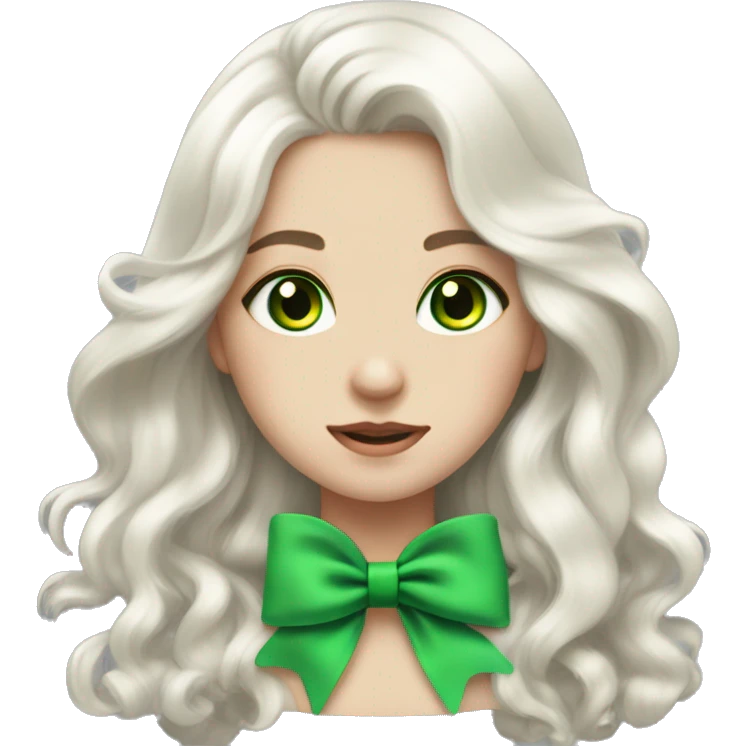 pale girl with long platinum white wavy hair with bright green eyes and wearing a black hair bow emoji
