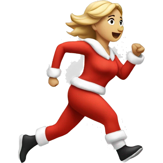 A white woman running, with a large stride and arms outstretched, in a santa costume emoji