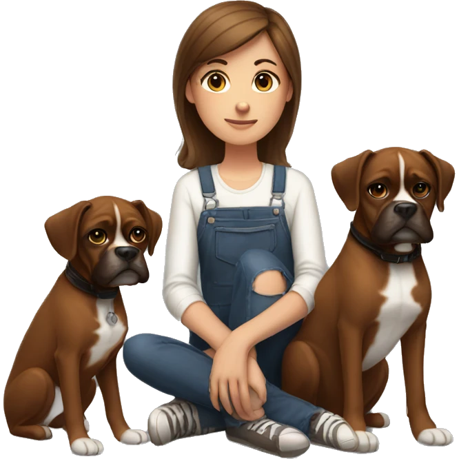 a girl with brown hair, sitting with two dark brown, boxer dogs emoji