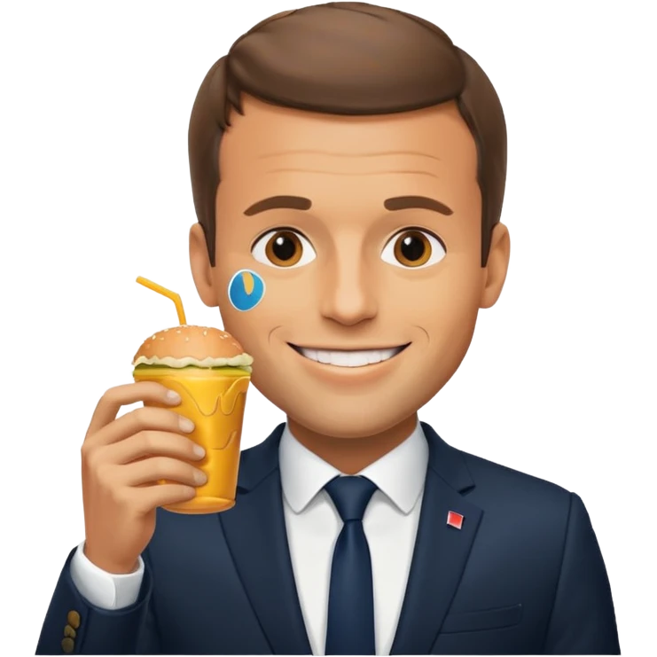 Emmanuel Macron eating a burger with a beer emoji