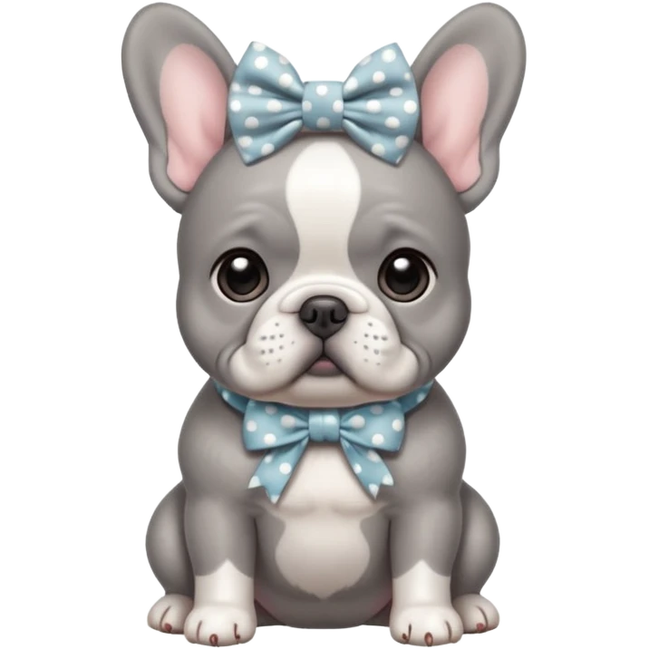 Gray French bulldog puppy with white belly, wearing oversized polka dot bow emoji