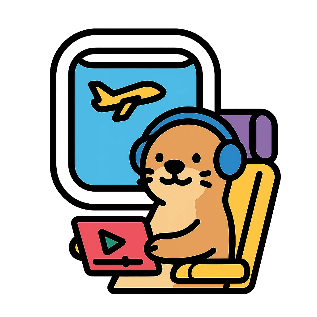otter with headphones streaming on a tablet, airplane interior, color outline style emoji