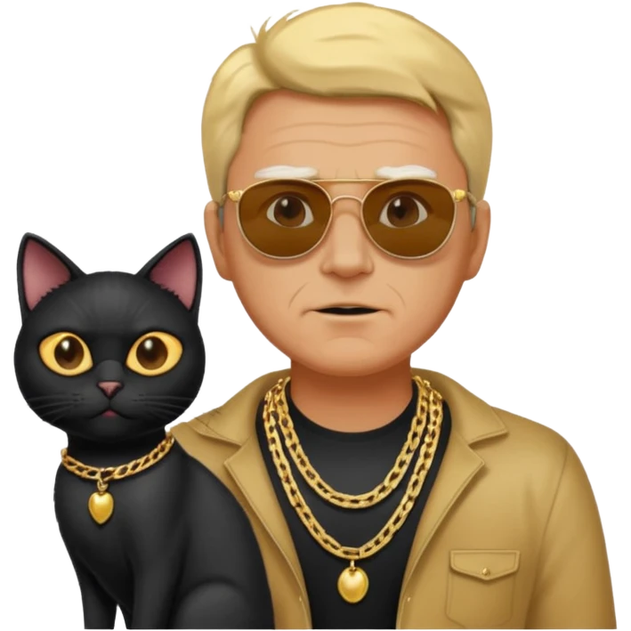 Freaky Larry is a cat with a gold chain and sunglasses standing behind a scared man with no facial hair. Make sure the cat is black emoji