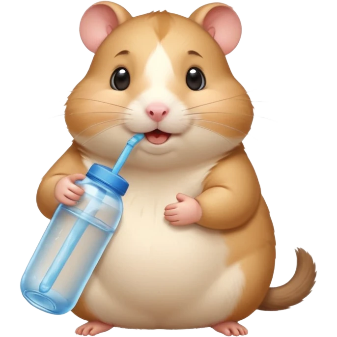 Cute chubby cartoon-style hamster hugging an oversized water bottle, sipping with tiny straw, happy expression. Painterly shading, expressive eyes, white background, sticker-style illustration emoji
