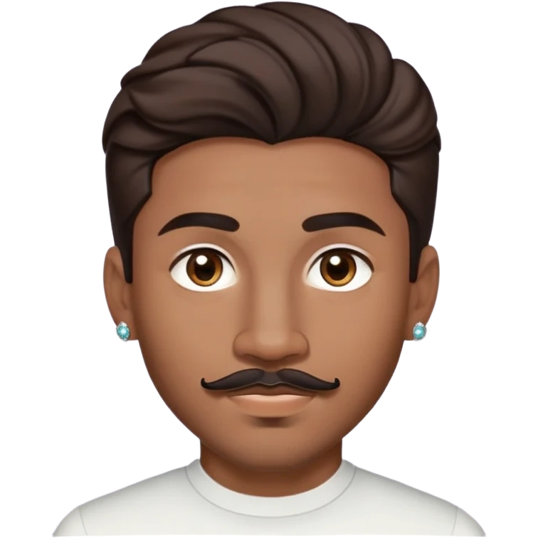 Young man with medium brown skin, mixed-race ethnicity, much longer wavy dark brown hair with a PERFECTLY CENTERED hair part that aligns EXACTLY with the middle of the face, mustache separated from goatee, medium brown eyes, very small diamond stud earrings in both ears, head only with absolutely no shoulders or torso emoji