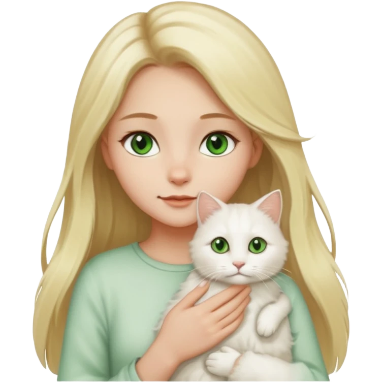 A cartoon-style digital illustration of a fair-skinned young woman with long blonde hair and brown eyes gently holding a fluffy white cat with green eyes against a white background. emoji