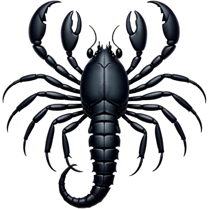 Cinematic Noble Emperor Scorpion Portrait Emoji, Poised and formidable, with a robust, armored build and a glossy, jet-black exoskeleton accented by striking, segmented pincers, deep-set piercing eyes, Simplified yet sharp and sophisticated features, highly detailed, glowing with a cool, dignified glow, high shine, intelligent and imposing, stylized with an air of ancient desert majesty, focused and attentive, soft glowing outline, capturing the essence of a watchful and commanding scorpion that feels as though it could silently creep out of the screen with effortless authority! emoji