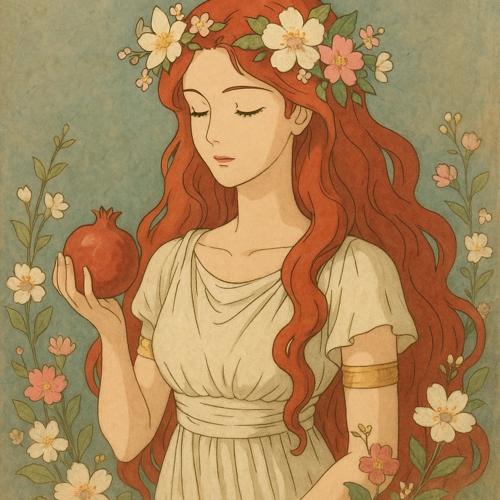 Persephone with red hair, inspired by Greek mythology, elegant and ethereal, floral accents, goddess-like presence emoji
