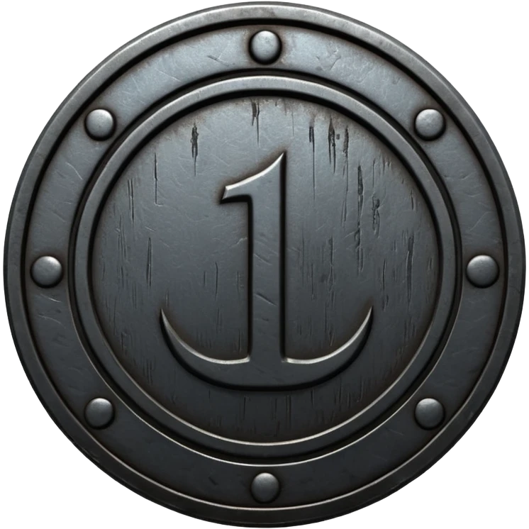 Minimal emoji, gothic metal coin made of black steel, engraved number 1 at the center, ancient industrial aesthetic, worn metal texture, no glow, no neon, flat emoji design, centered, transparent background emoji