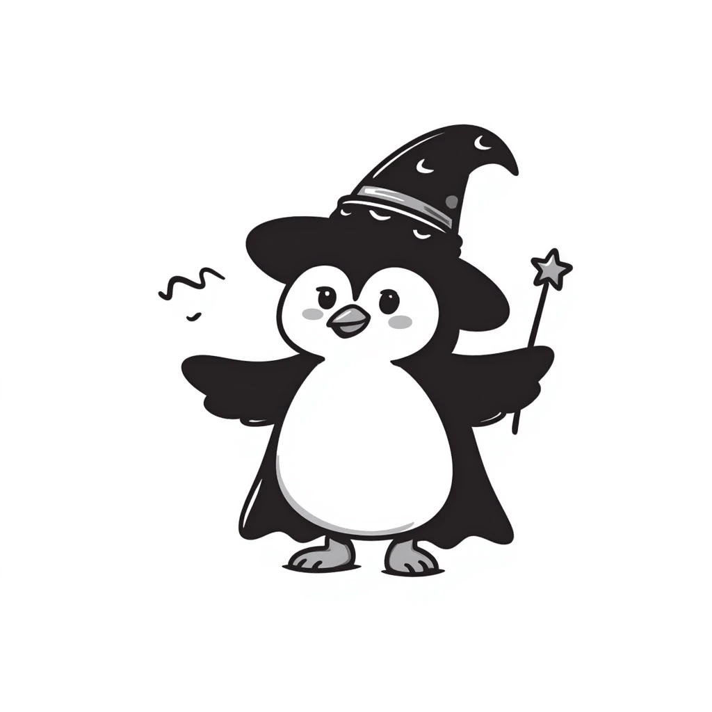 cute penguin wearing a wizard hat and robe, holding a magic wand emoji