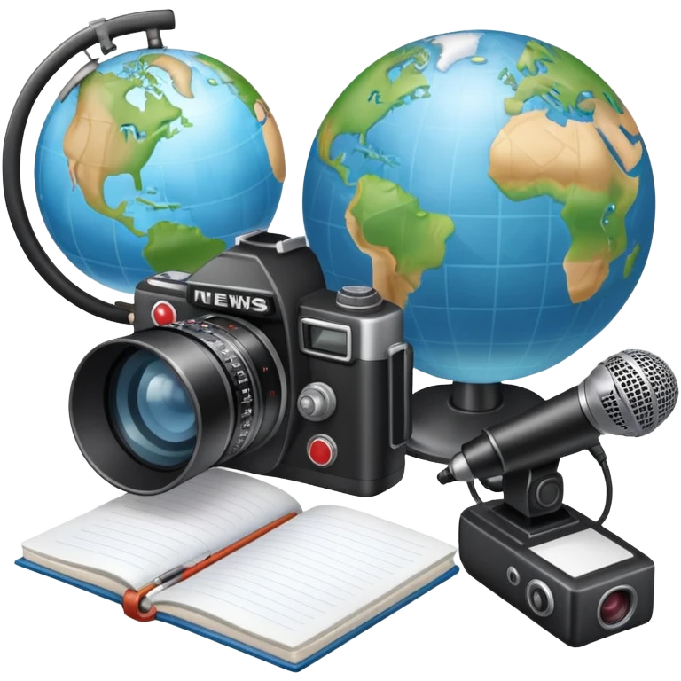 An icon showing a microphone, a notepad, and a camera, symbolizing journalism. The design includes a globe in the background, representing global news, and a breaking news banner for emphasis. Transparent background highlights the dynamic world of media and reporting. emoji
