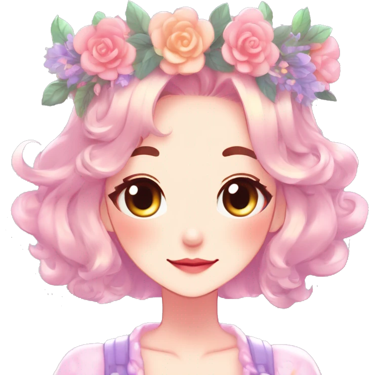 Gorgeous Shiny Colorful Pastel Anime Style Mature Lady with blushing face and pretty hair with a flower crown and antlers pastelcore kawaii cottagecore fairycore aesthetic trending style emoji