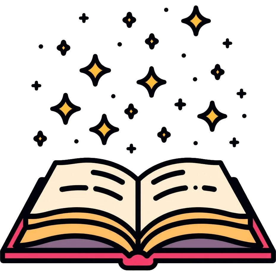 Colorful open book with magical sparkles floating above the pages emoji