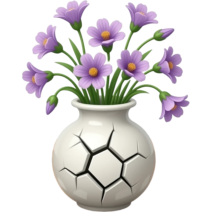 A shattered vase on the floor, broken into pieces. Flowers scattered around with petals and bent stems, water spilled creating small puddles. emoji